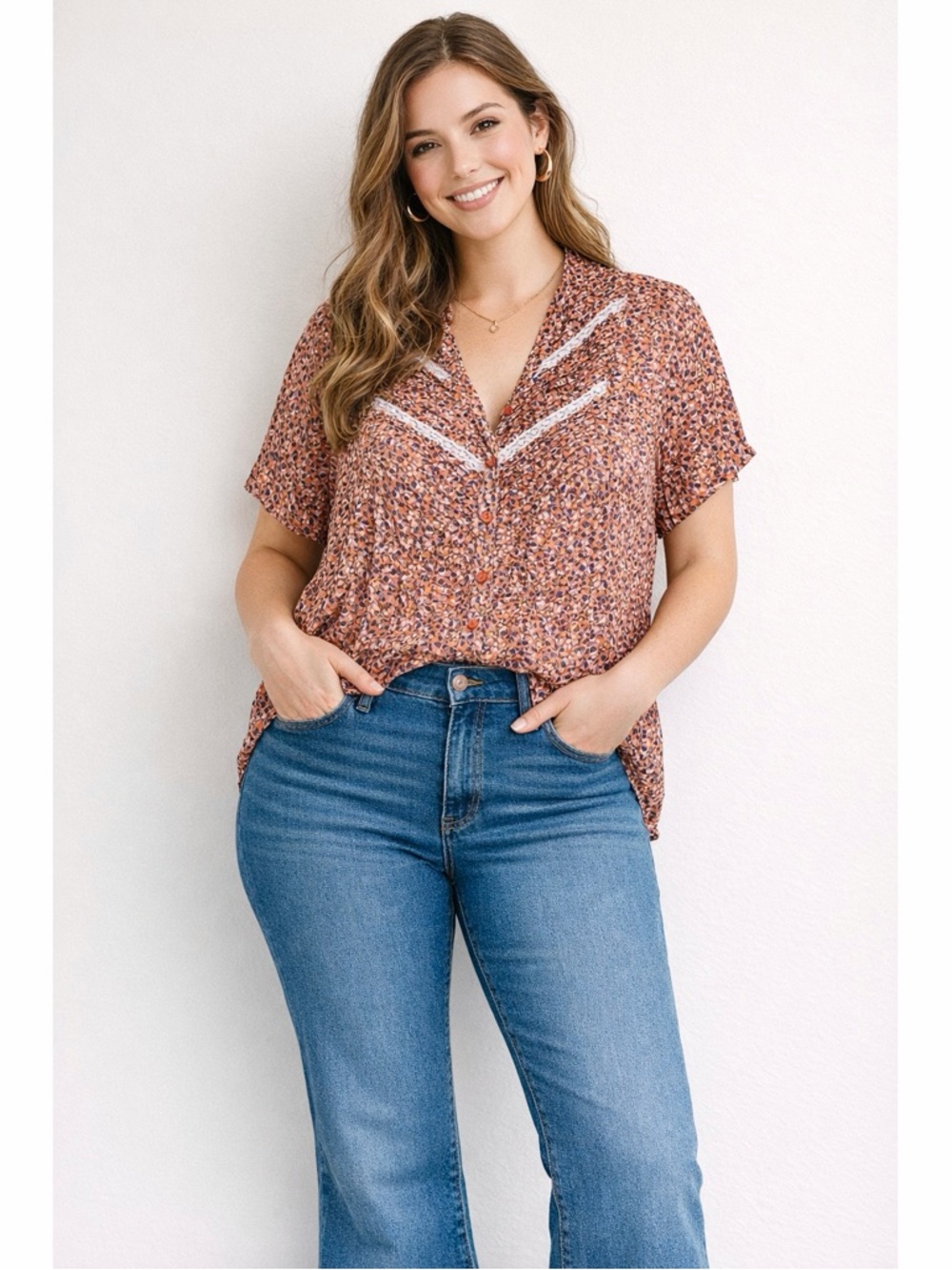 NY Collection | Plus Size Speckled Pattern Lace Detail Accordion Prairie Blouse